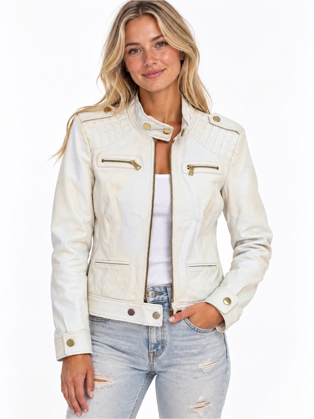 Vintage Moda International White Quilted Moto Leather Jacket with Gold Hardware